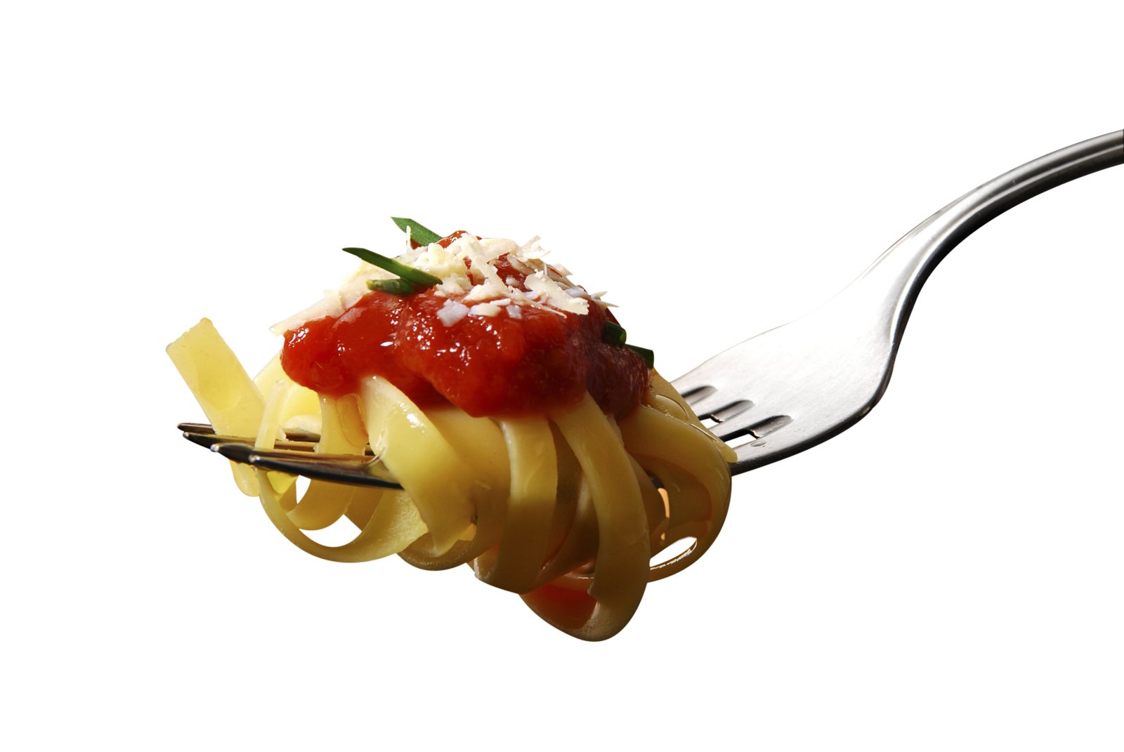 Pasta with tomato sauce on a fork